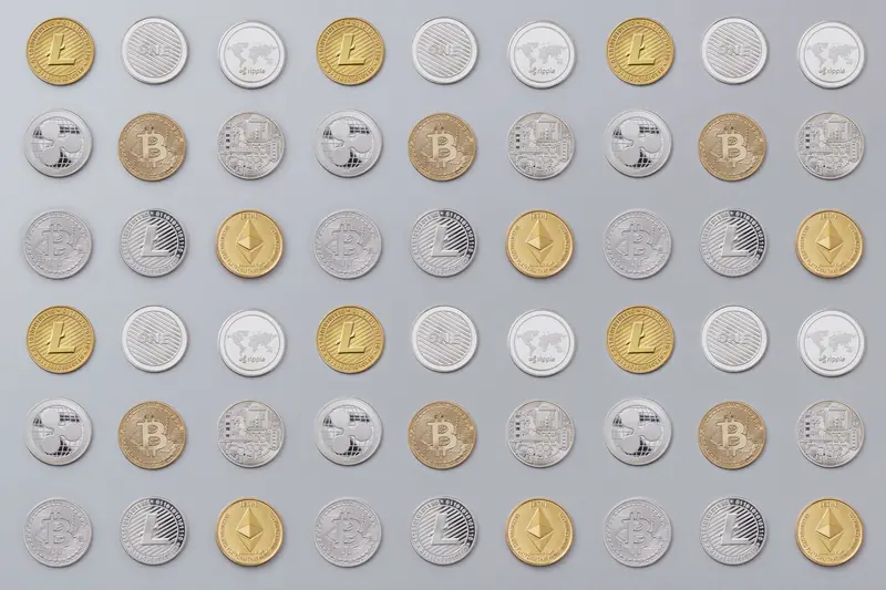 A seamless pattern of various cryptocurrency coins in gold and silver tones.